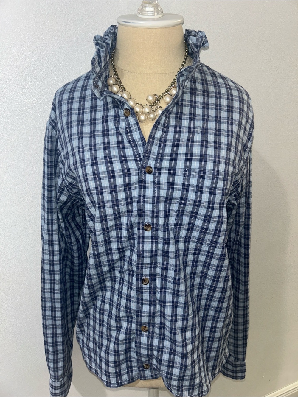 Upcycled ruffle collar Button-Up Shirt blue plaid